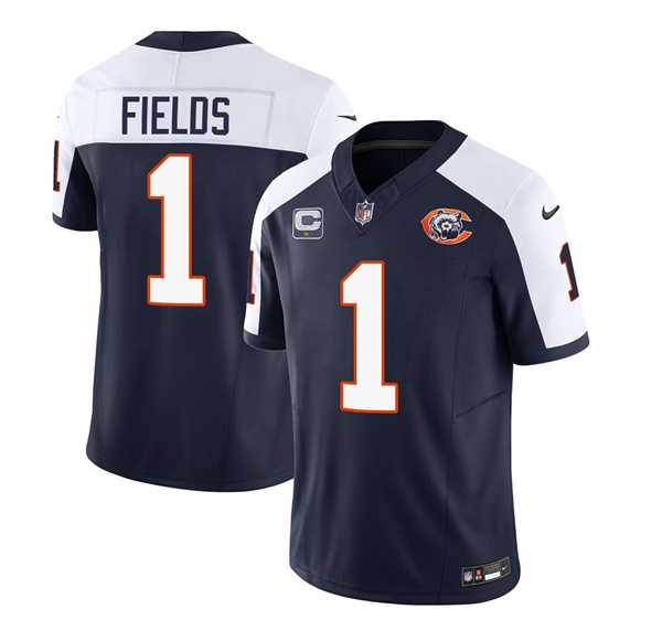 Men & Women & Youth Chicago Bears #1 Justin Fields Navy White 2023 F.U.S.E. With 1-star C PatchThrowback Limited Jersey
